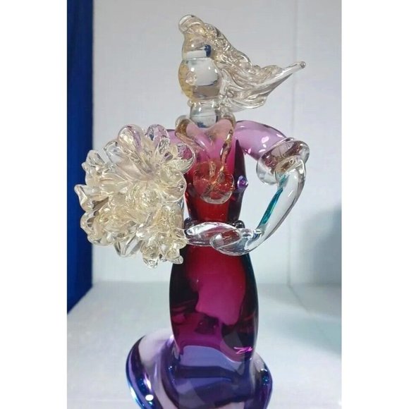 Vintage XL Murano Glass Woman Flower Bouquet Figurine Green Purple Pink 24k Gold - Picture 4 of 14